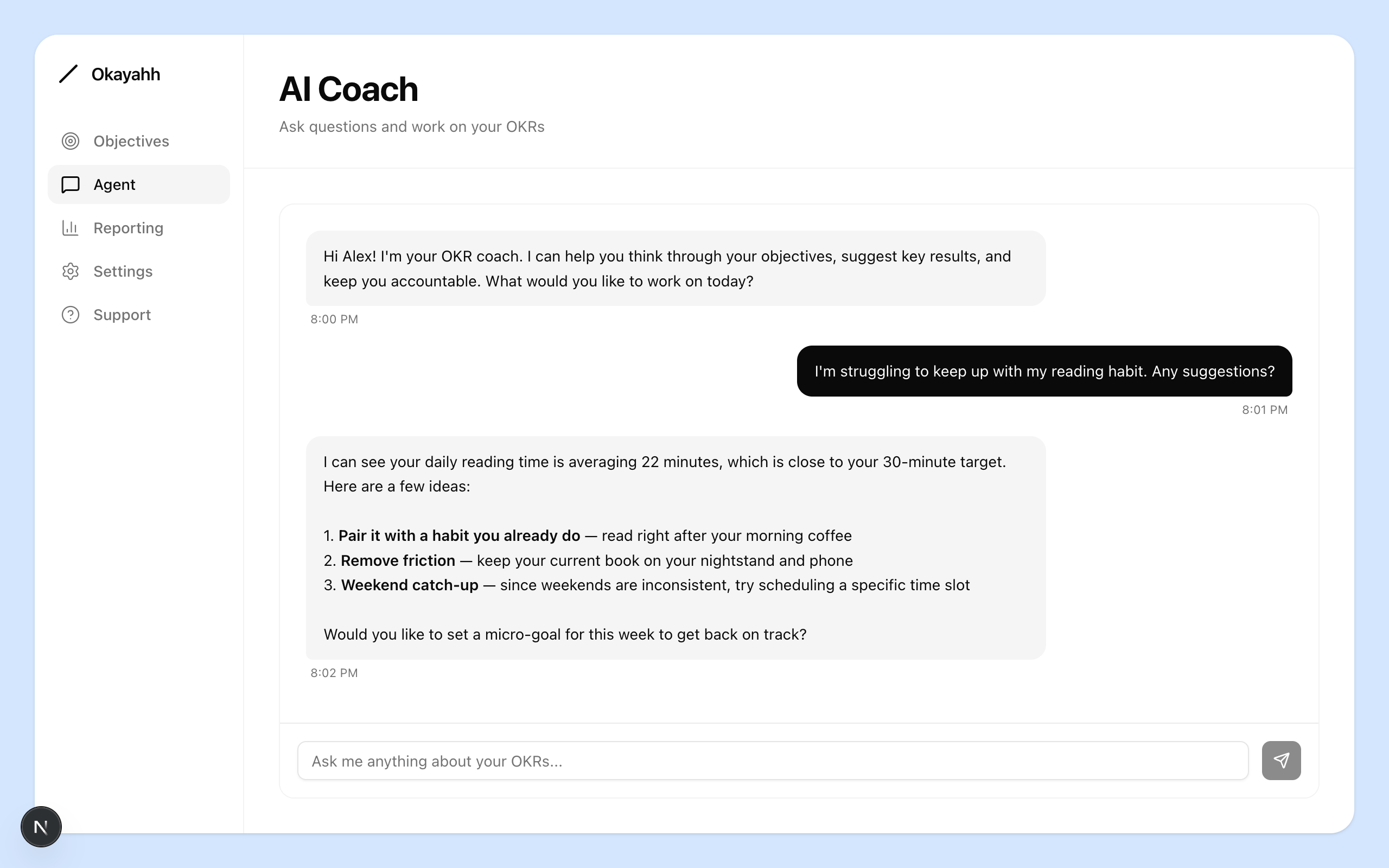 AI coach chat interface with sample conversation