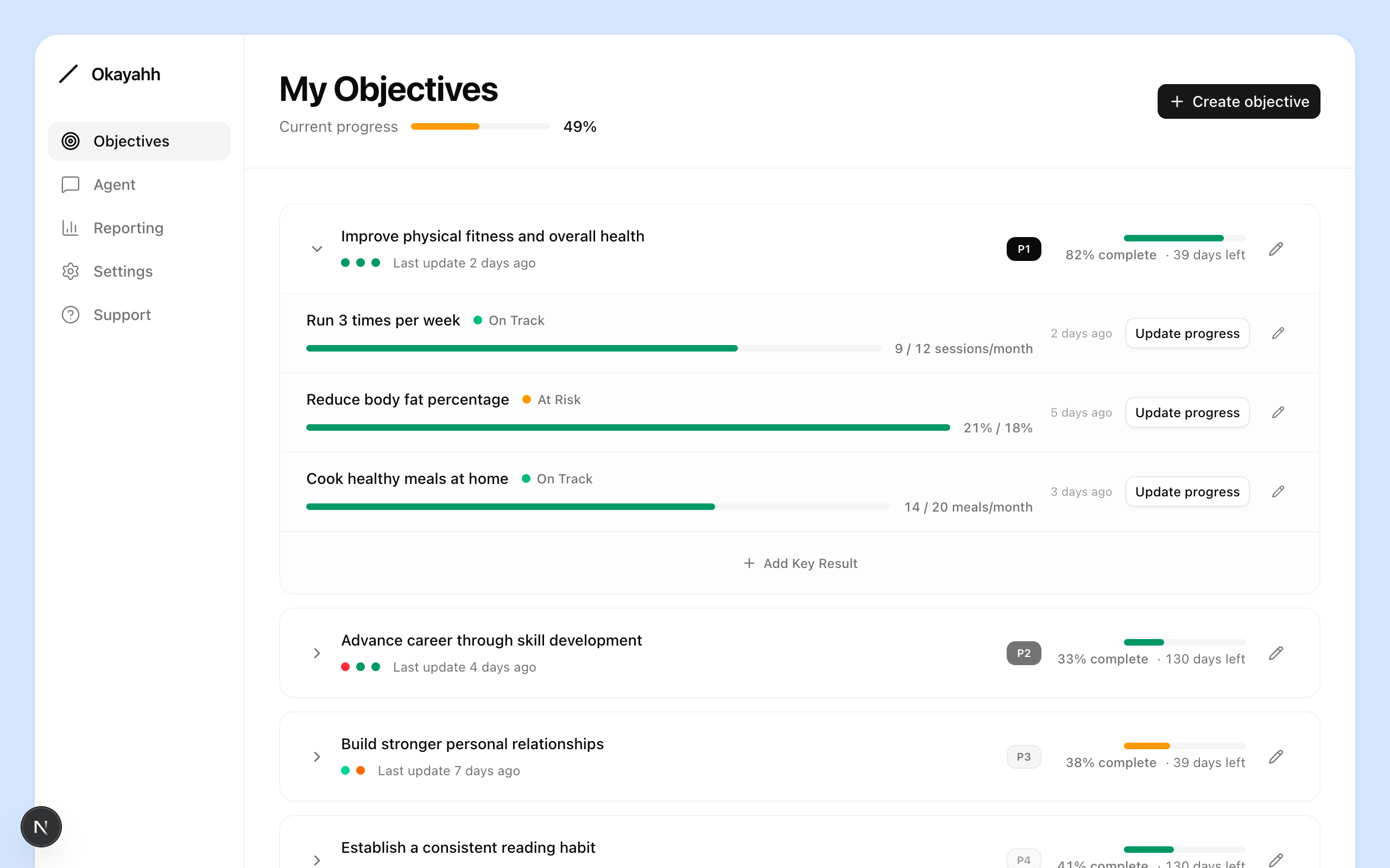 Dashboard with objectives organized by focus areas